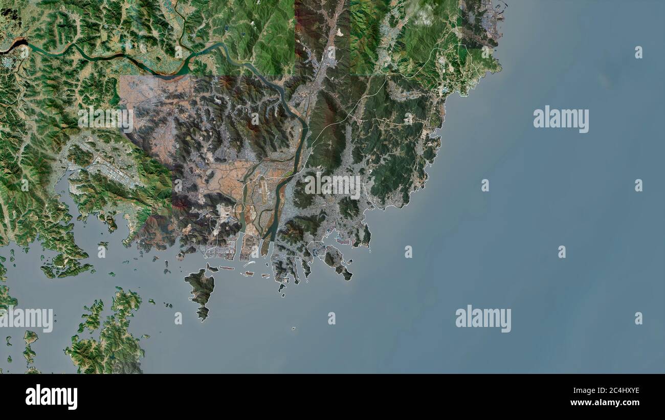 Busan, Metropole Südkorea. Satellitenbilder. Form, die gegenüber dem Landesgebiet umrissen ist. 3D-Rendering Stockfoto