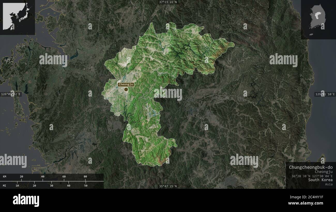 Chungcheongbuk-do, Provinz Südkorea. Satellitenbilder. Form präsentiert gegen seine Landesfläche mit informativen Überlagerungen. 3D-Rendering Stockfoto