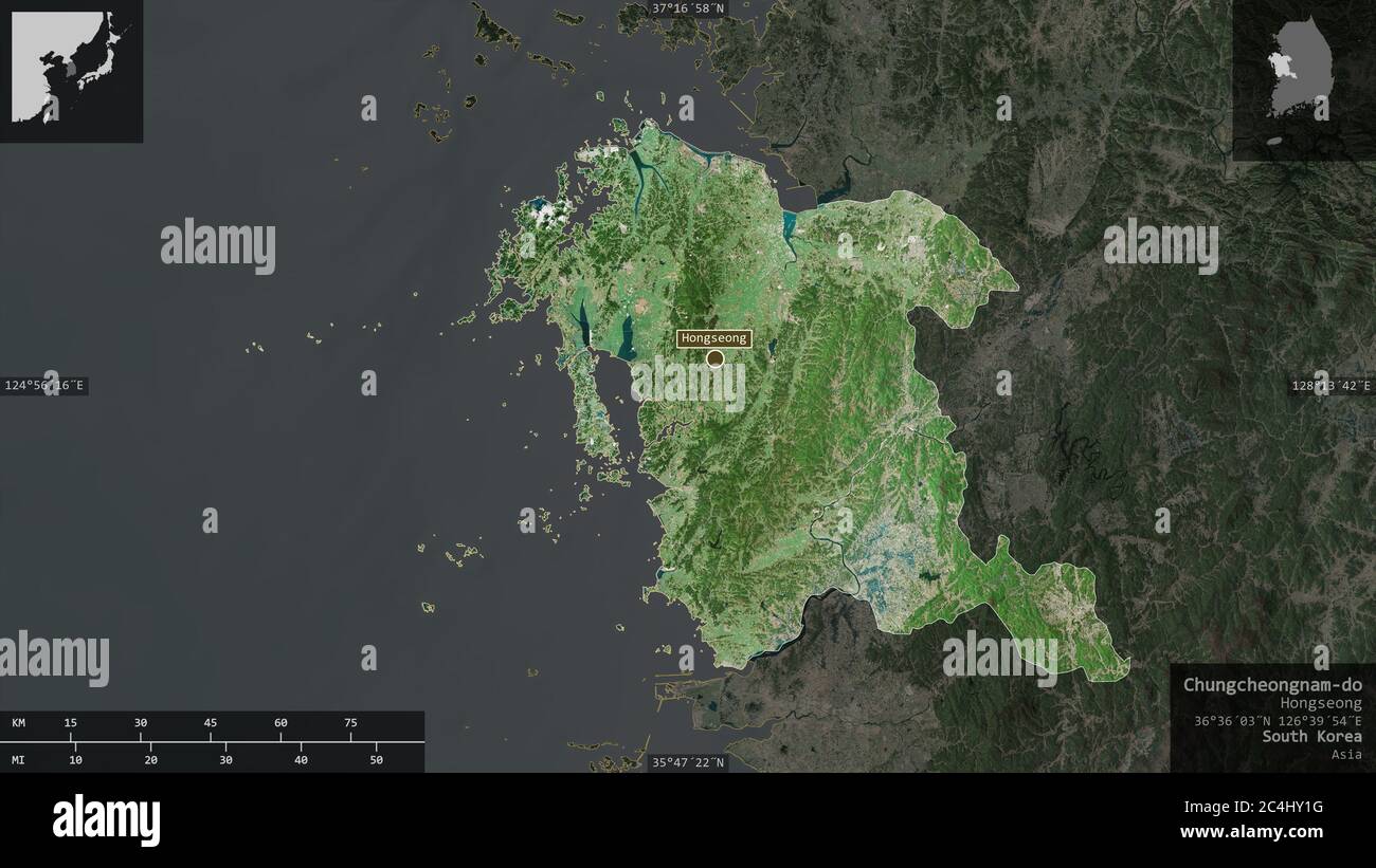 Chungcheongnam-do, Provinz Südkorea. Satellitenbilder. Form präsentiert gegen seine Landesfläche mit informativen Überlagerungen. 3D-Rendering Stockfoto