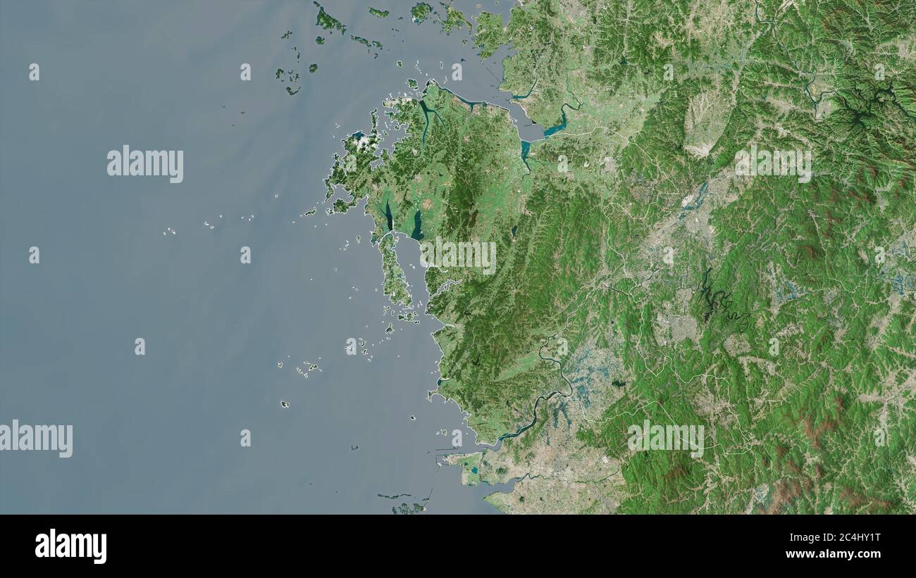 Chungcheongnam-do, Provinz Südkorea. Satellitenbilder. Form, die gegenüber dem Landesgebiet umrissen ist. 3D-Rendering Stockfoto