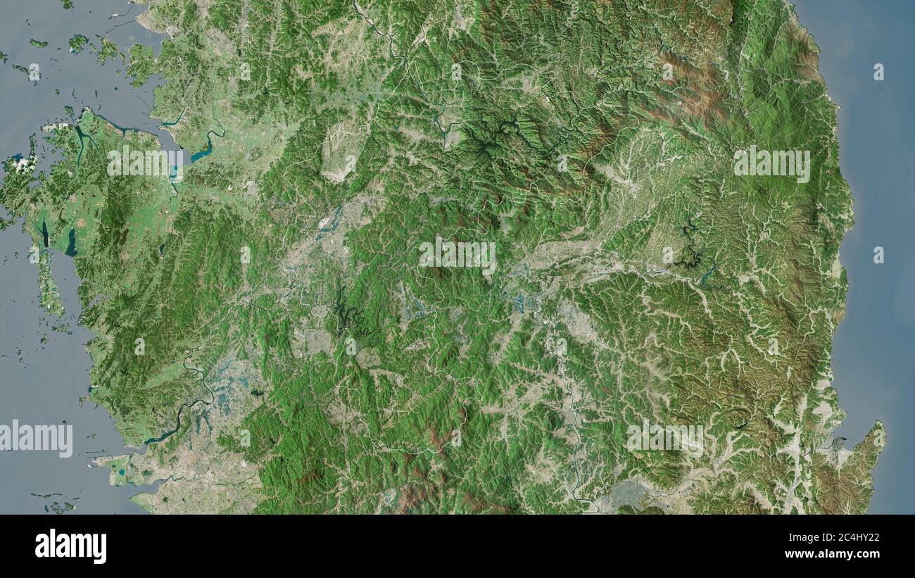 Chungcheongbuk-do, Provinz Südkorea. Satellitenbilder. Form, die gegenüber dem Landesgebiet umrissen ist. 3D-Rendering Stockfoto