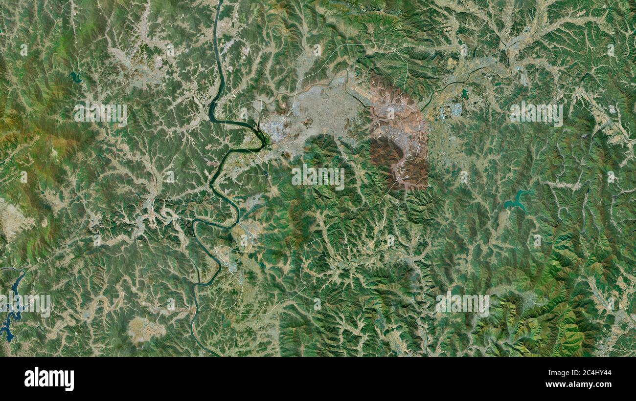 Daegu, Metropolstadt von Südkorea. Satellitenbilder. Form, die gegenüber dem Landesgebiet umrissen ist. 3D-Rendering Stockfoto