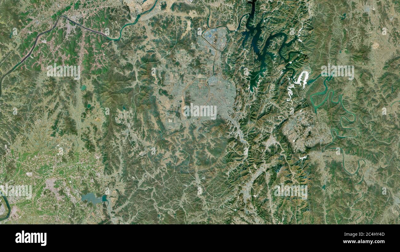 Daejeon, Metropolstadt von Südkorea. Satellitenbilder. Form, die gegenüber dem Landesgebiet umrissen ist. 3D-Rendering Stockfoto