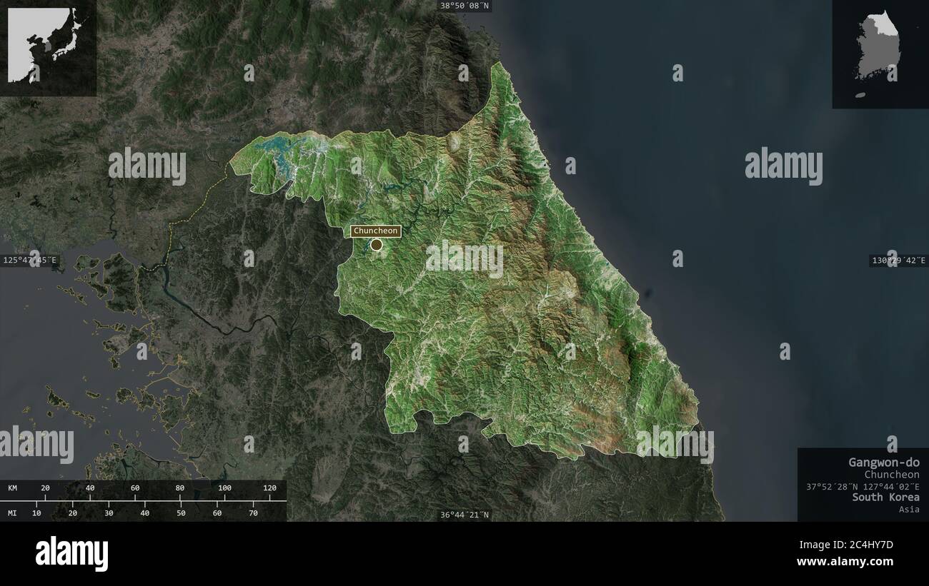 Gangwon-do, Provinz Südkorea. Satellitenbilder. Form präsentiert gegen seine Landesfläche mit informativen Überlagerungen. 3D-Rendering Stockfoto