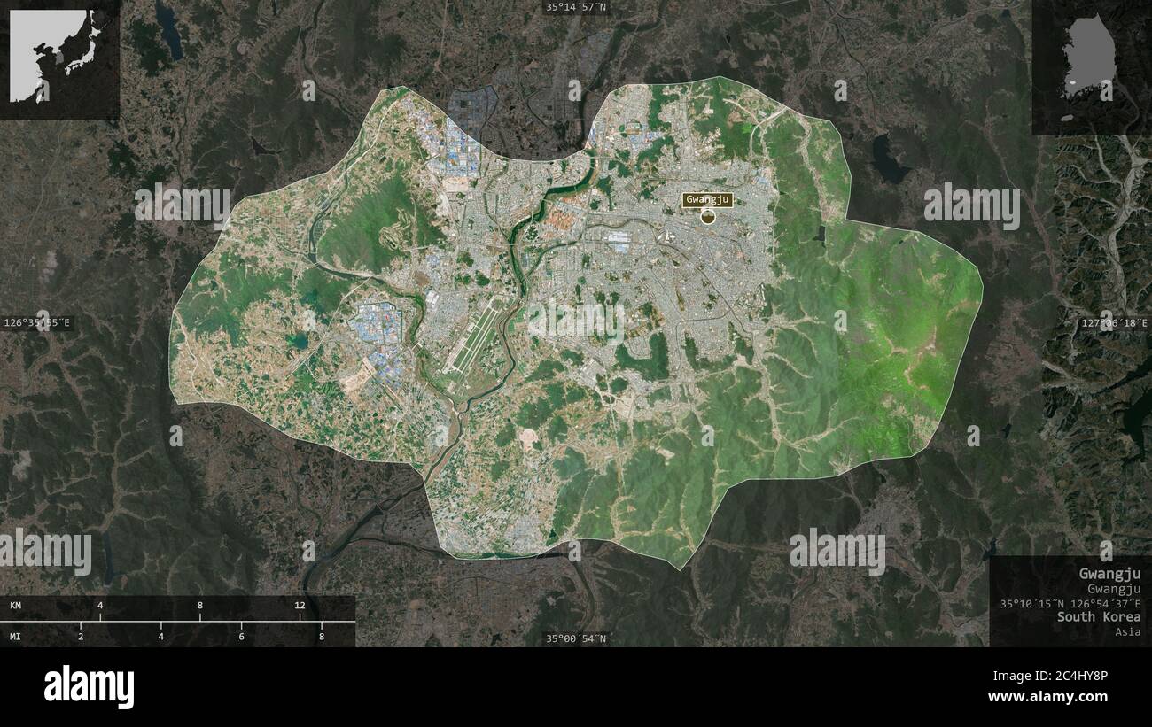 Gwangju, Metropolstadt von Südkorea. Satellitenbilder. Form präsentiert gegen seine Landesfläche mit informativen Überlagerungen. 3D-Rendering Stockfoto