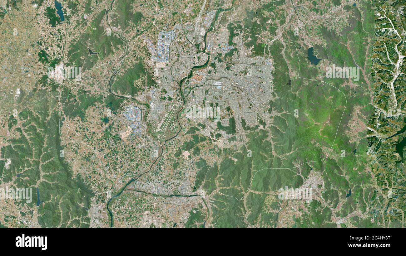 Gwangju, Metropolstadt von Südkorea. Satellitenbilder. Form, die gegenüber dem Landesgebiet umrissen ist. 3D-Rendering Stockfoto