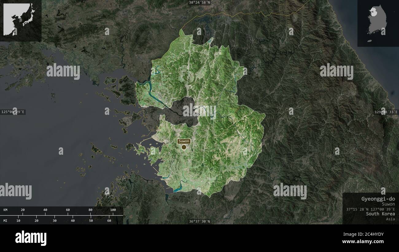 Gyeonggi-do, Provinz Südkorea. Satellitenbilder. Form präsentiert gegen seine Landesfläche mit informativen Überlagerungen. 3D-Rendering Stockfoto