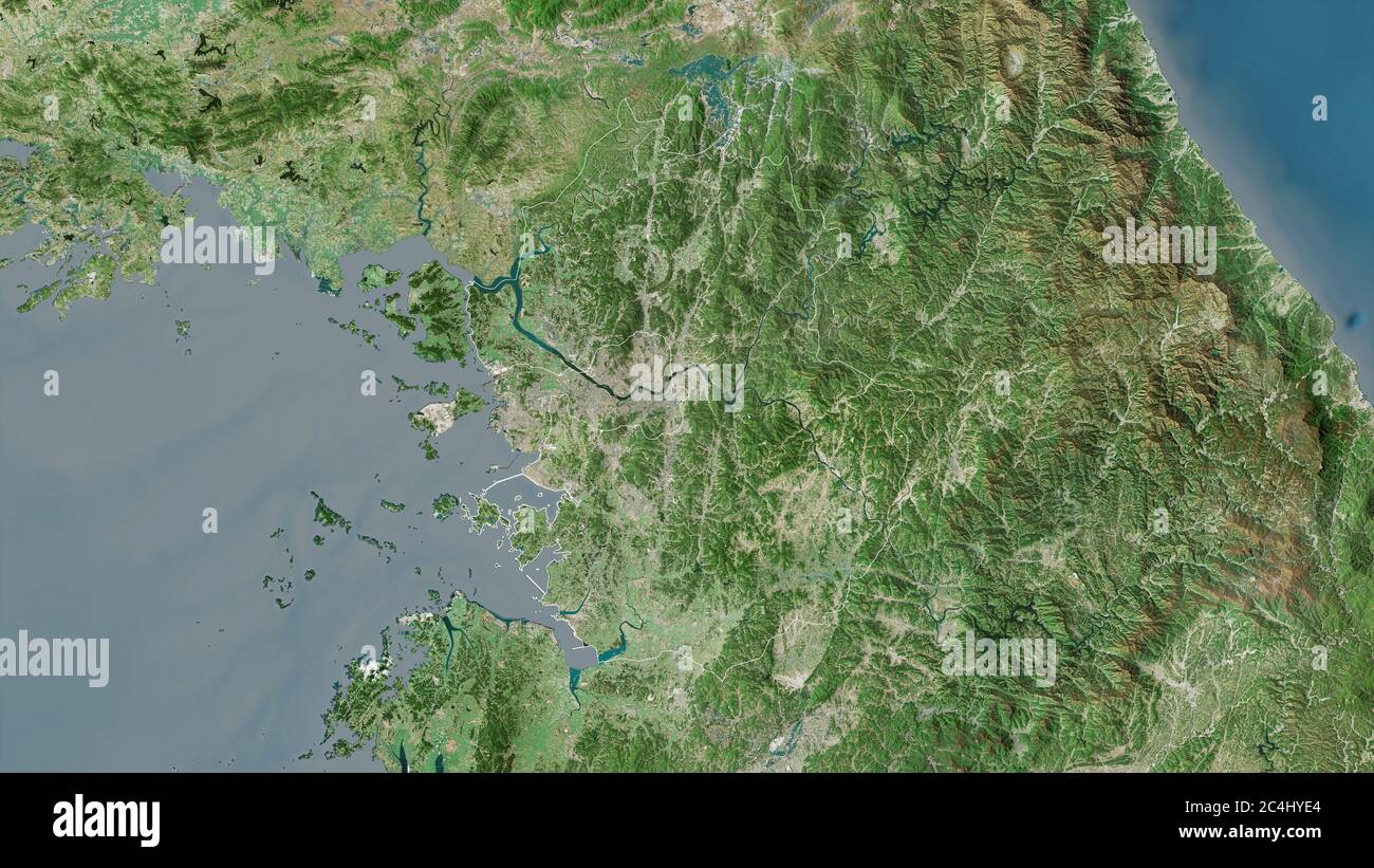 Gyeonggi-do, Provinz Südkorea. Satellitenbilder. Form, die gegenüber dem Landesgebiet umrissen ist. 3D-Rendering Stockfoto