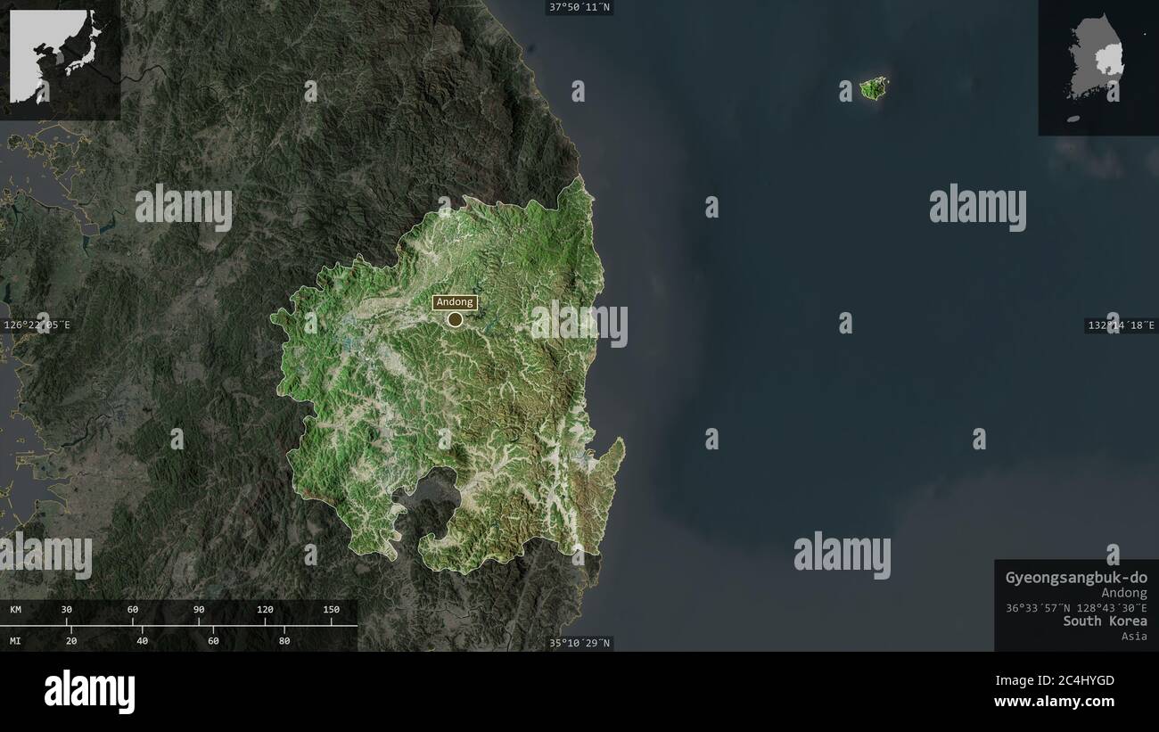 Gyeongsangbuk-do, Provinz Südkorea. Satellitenbilder. Form präsentiert gegen seine Landesfläche mit informativen Überlagerungen. 3D-Rendering Stockfoto