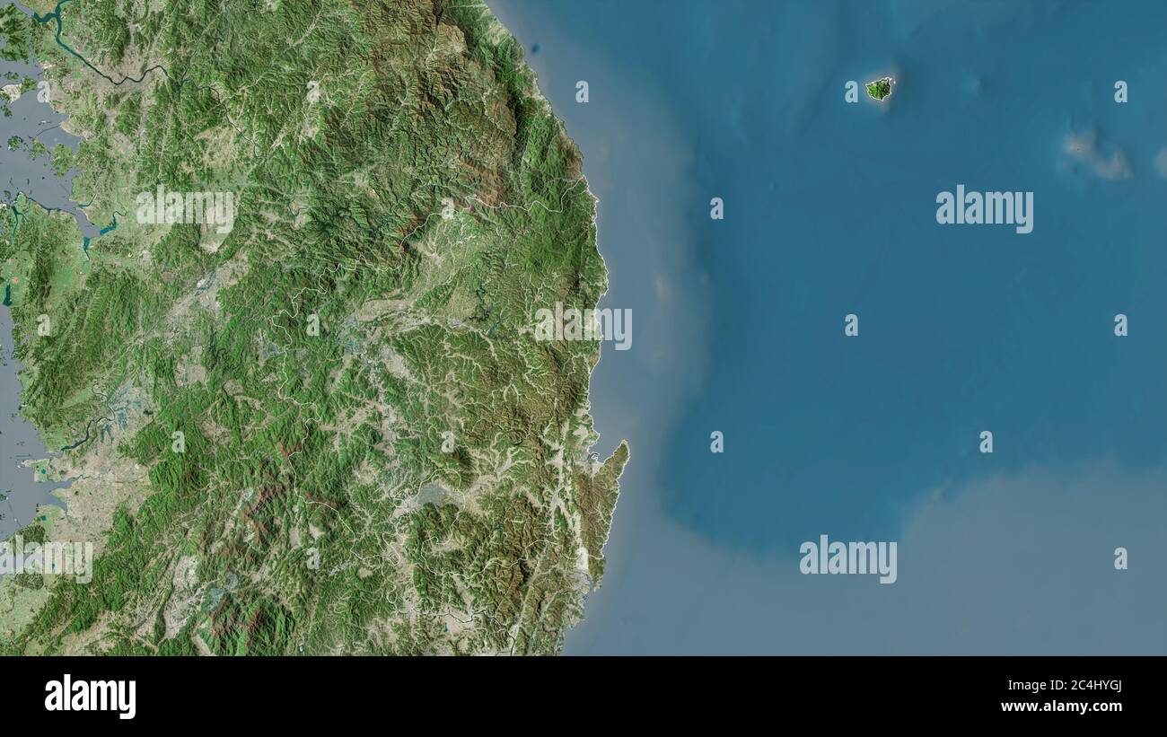 Gyeongsangbuk-do, Provinz Südkorea. Satellitenbilder. Form, die gegenüber dem Landesgebiet umrissen ist. 3D-Rendering Stockfoto