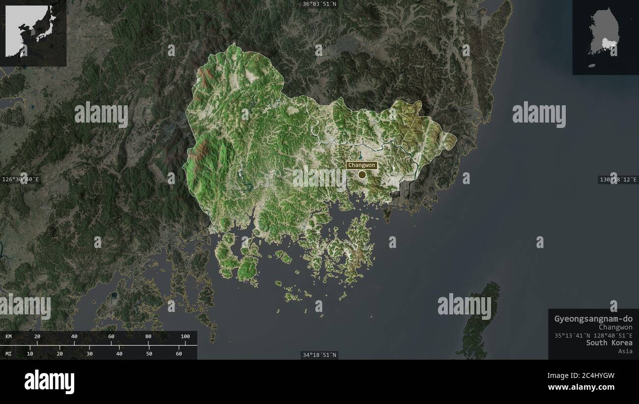 Gyeongsangnam-do, Provinz Südkorea. Satellitenbilder. Form präsentiert gegen seine Landesfläche mit informativen Überlagerungen. 3D-Rendering Stockfoto