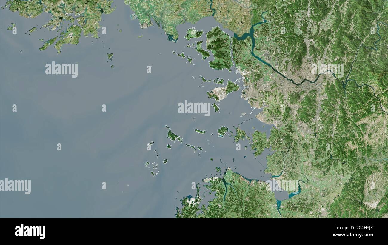 Incheon, Metropolstadt von Südkorea. Satellitenbilder. Form, die gegenüber dem Landesgebiet umrissen ist. 3D-Rendering Stockfoto