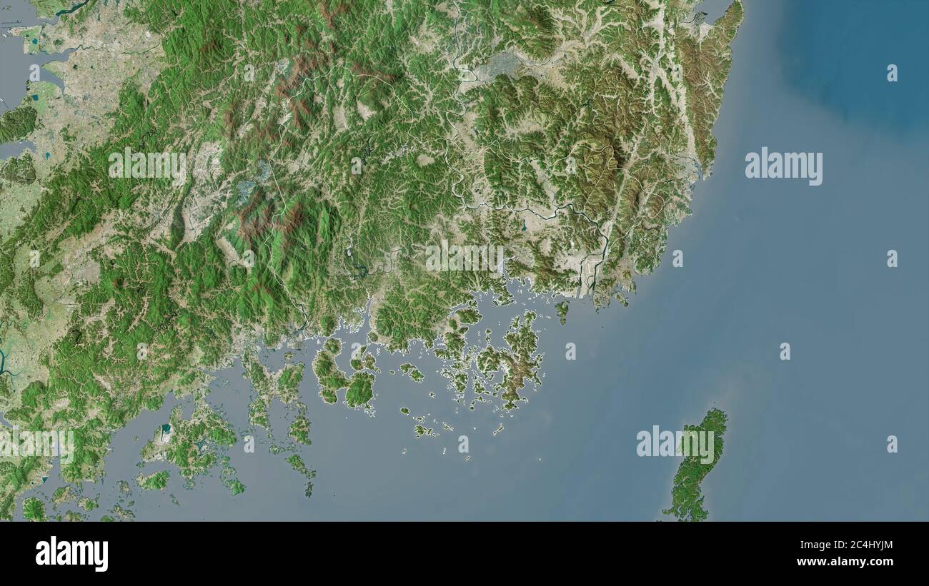 Gyeongsangnam-do, Provinz Südkorea. Satellitenbilder. Form, die gegenüber dem Landesgebiet umrissen ist. 3D-Rendering Stockfoto
