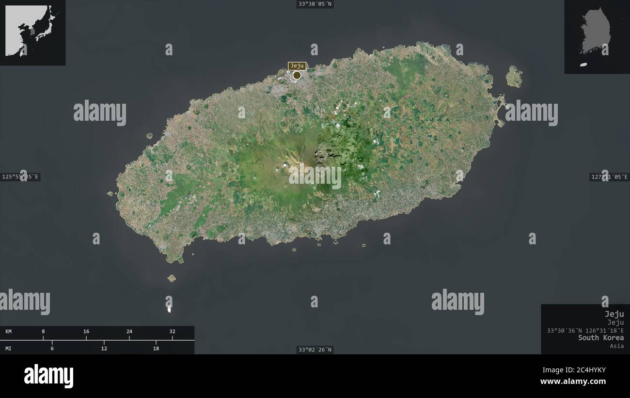 Jeju, Provinz Südkorea. Satellitenbilder. Form präsentiert gegen seine Landesfläche mit informativen Überlagerungen. 3D-Rendering Stockfoto