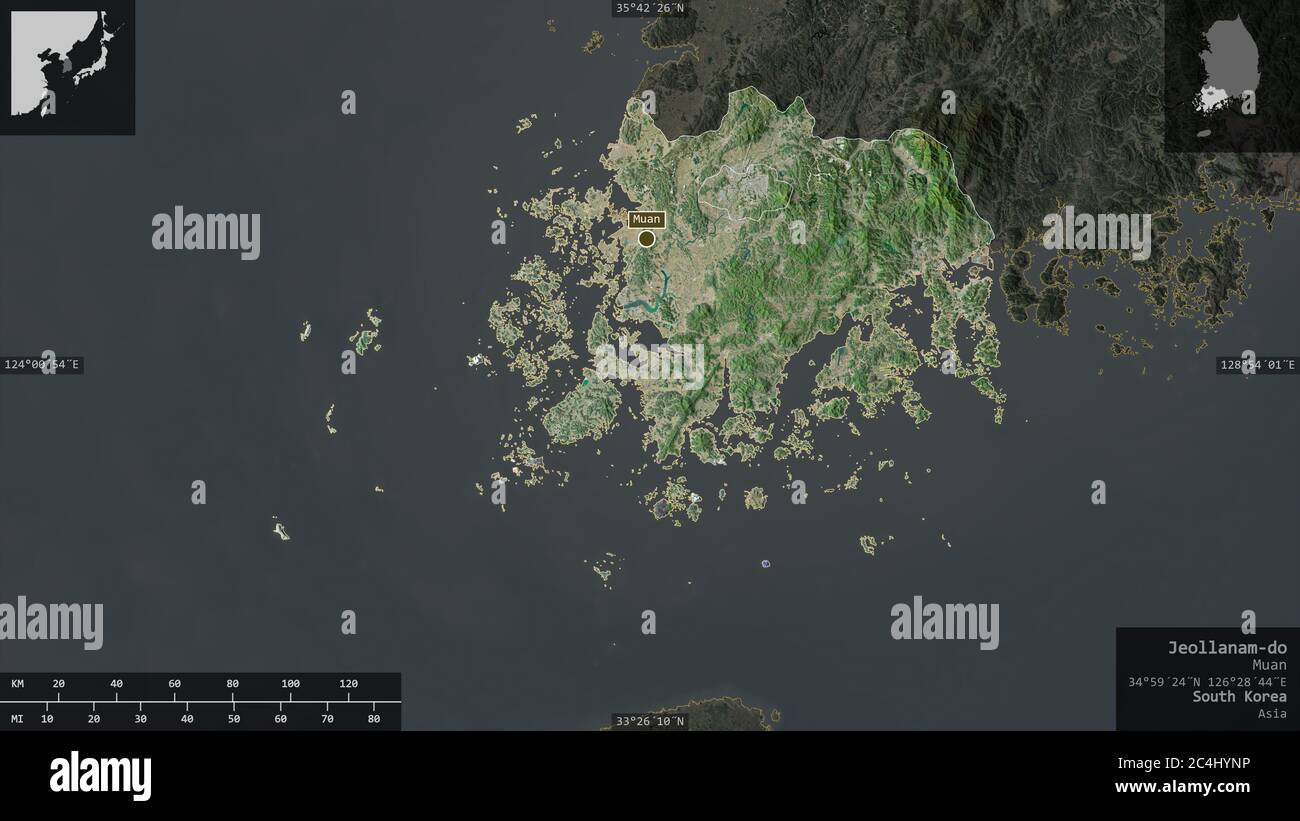 Jeollanam-do, Provinz Südkorea. Satellitenbilder. Form präsentiert gegen seine Landesfläche mit informativen Überlagerungen. 3D-Rendering Stockfoto