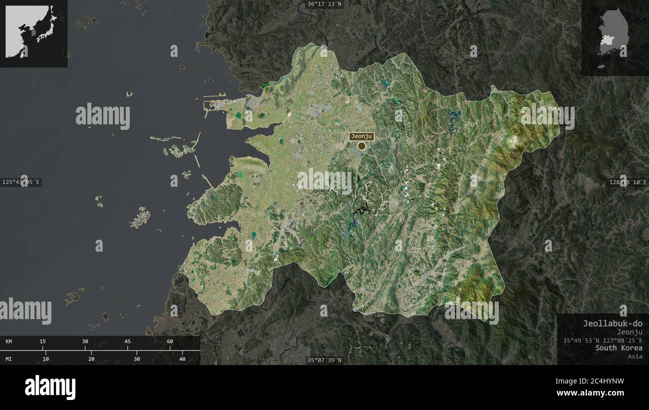 Jeollabuk-do, Provinz Südkorea. Satellitenbilder. Form präsentiert gegen seine Landesfläche mit informativen Überlagerungen. 3D-Rendering Stockfoto