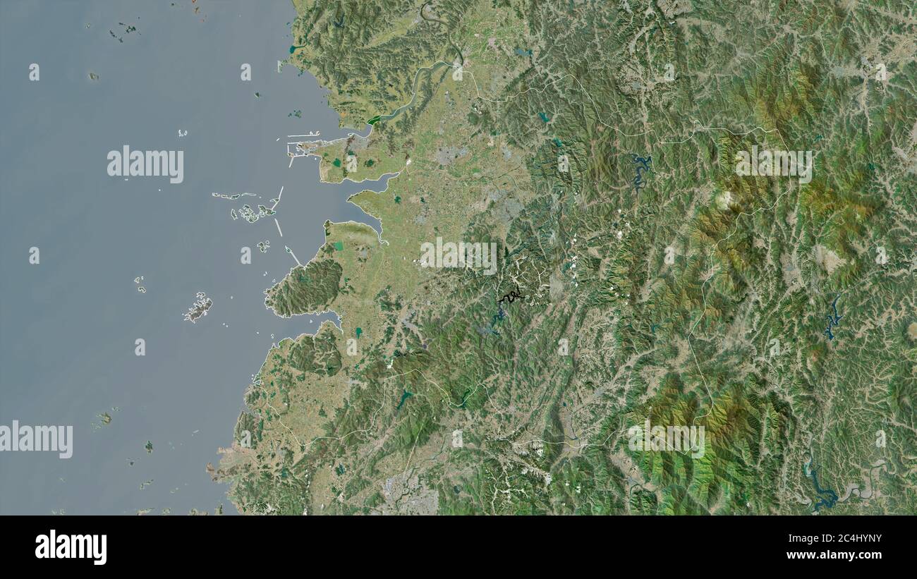 Jeollabuk-do, Provinz Südkorea. Satellitenbilder. Form, die gegenüber dem Landesgebiet umrissen ist. 3D-Rendering Stockfoto