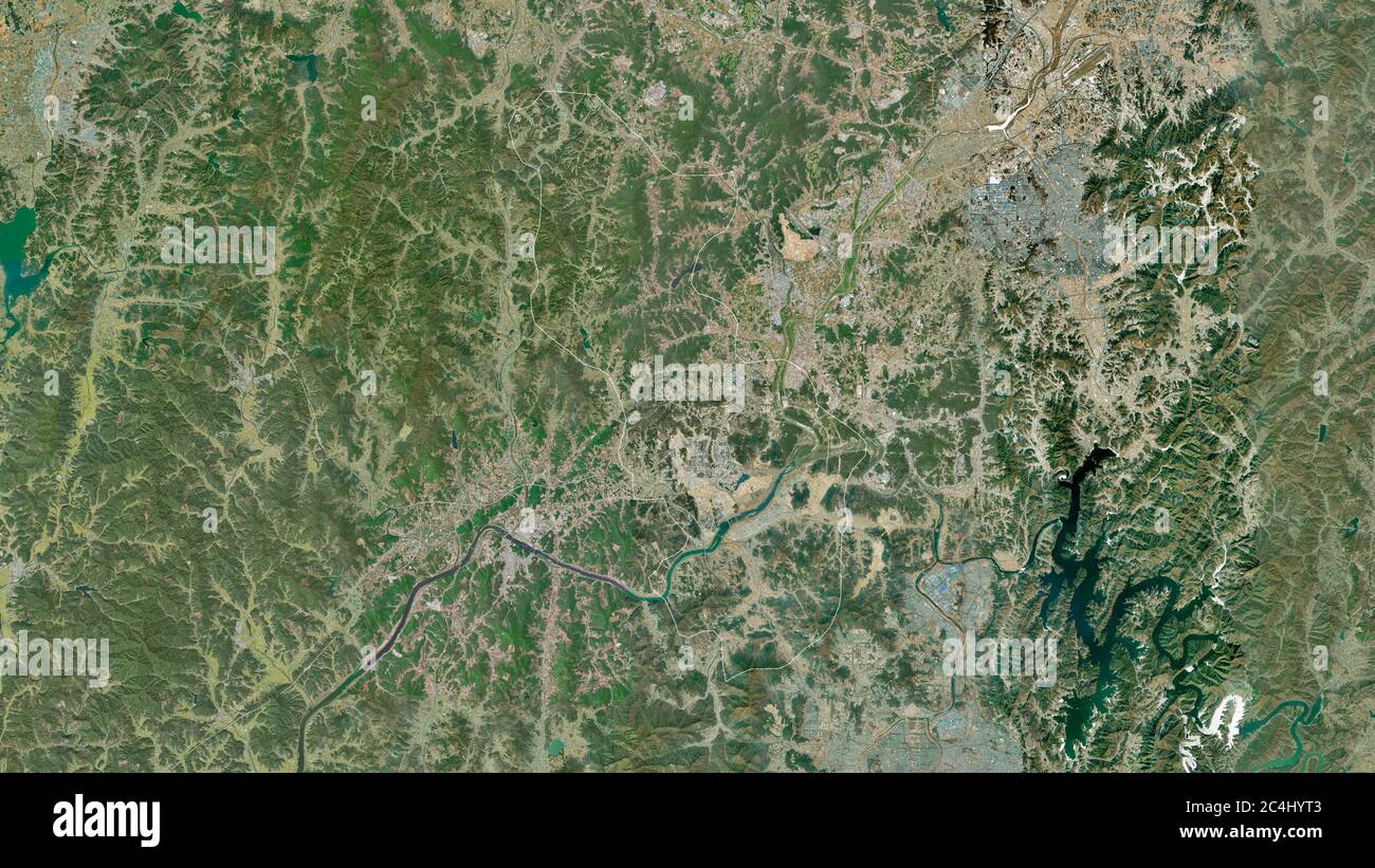 Sejong, autonome Stadt der Metropole Südkorea. Satellitenbilder. Form, die gegenüber dem Landesgebiet umrissen ist. 3D-Rendering Stockfoto