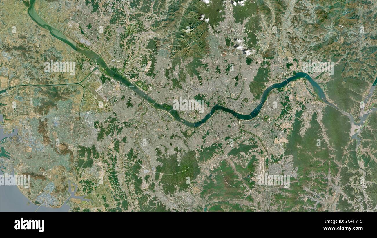 Seoul, Hauptstadt der Metropole Südkorea. Satellitenbilder. Form, die gegenüber dem Landesgebiet umrissen ist. 3D-Rendering Stockfoto