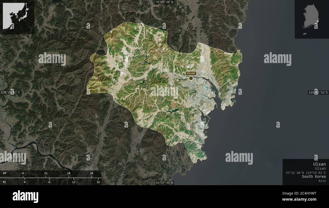Ulsan, Metropole Südkorea. Satellitenbilder. Form präsentiert gegen seine Landesfläche mit informativen Überlagerungen. 3D-Rendering Stockfoto