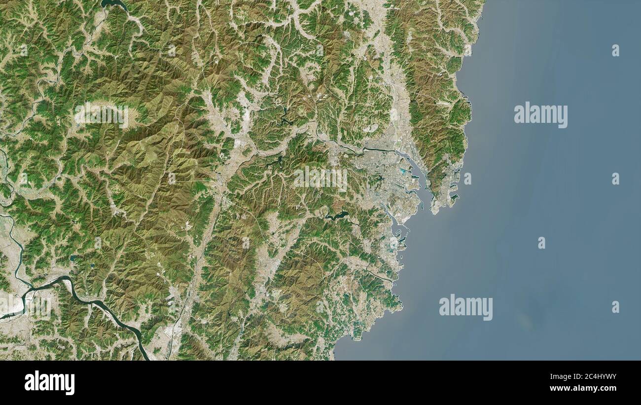 Ulsan, Metropole Südkorea. Satellitenbilder. Form, die gegenüber dem Landesgebiet umrissen ist. 3D-Rendering Stockfoto