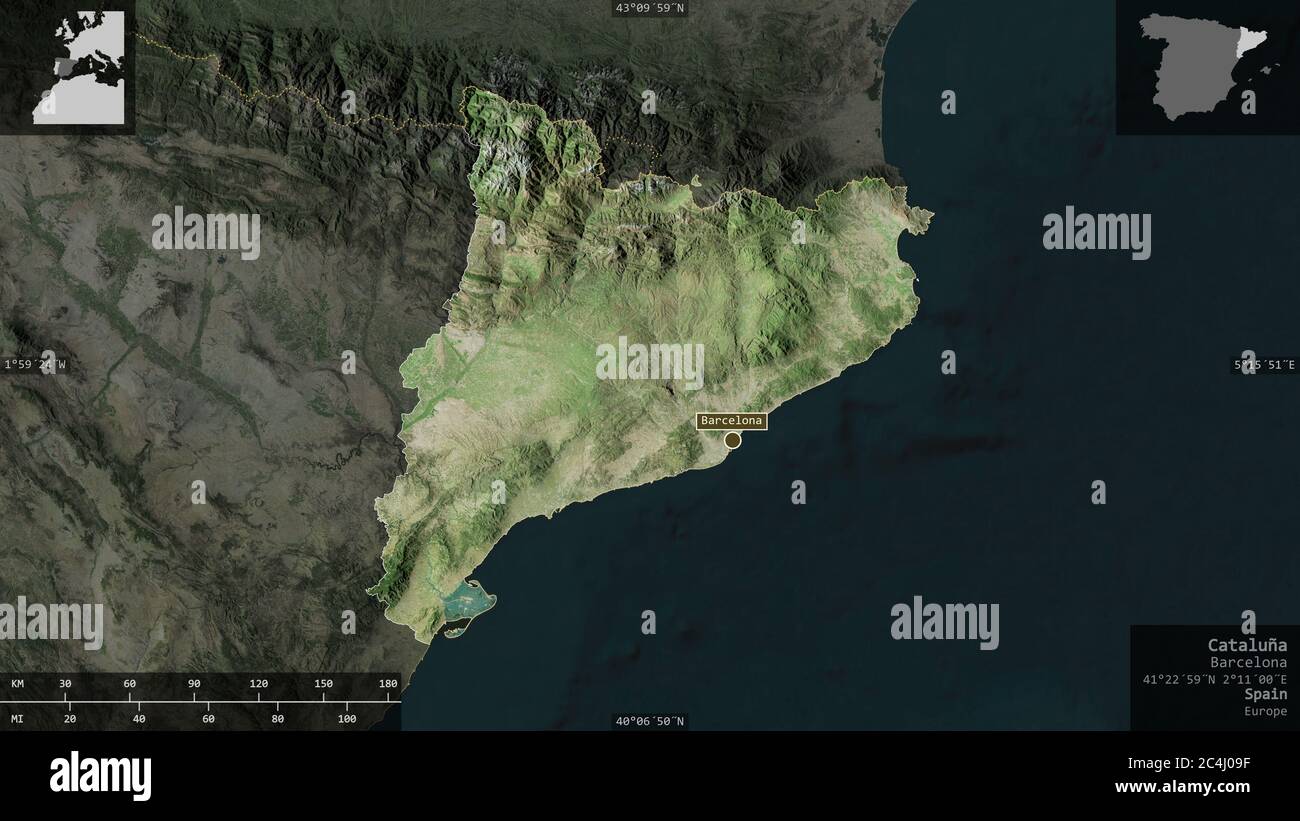 Cataluña, autonome Gemeinschaft Spaniens. Satellitenbilder. Form präsentiert gegen seine Landesfläche mit informativen Überlagerungen. 3D-Rendering Stockfoto