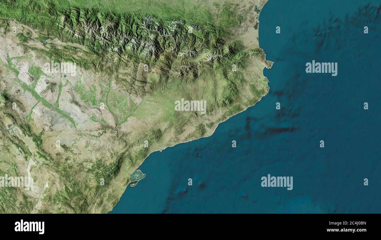 Cataluña, autonome Gemeinschaft Spaniens. Satellitenbilder. Form, die gegenüber dem Landesgebiet umrissen ist. 3D-Rendering Stockfoto