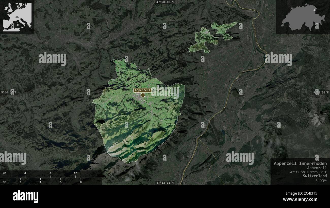 Appenzell Innerrhoden, Kanton Schweiz. Satellitenbilder. Form präsentiert gegen seine Landesfläche mit informativen Überlagerungen. 3D-Rendering Stockfoto