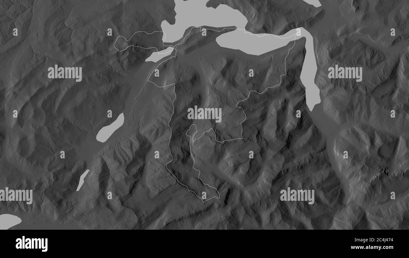 Nidwalden, Kanton Schweiz. Graustufen-Karte mit Seen und Flüssen. Form, die gegenüber dem Landesgebiet umrissen ist. 3D-Rendering Stockfoto