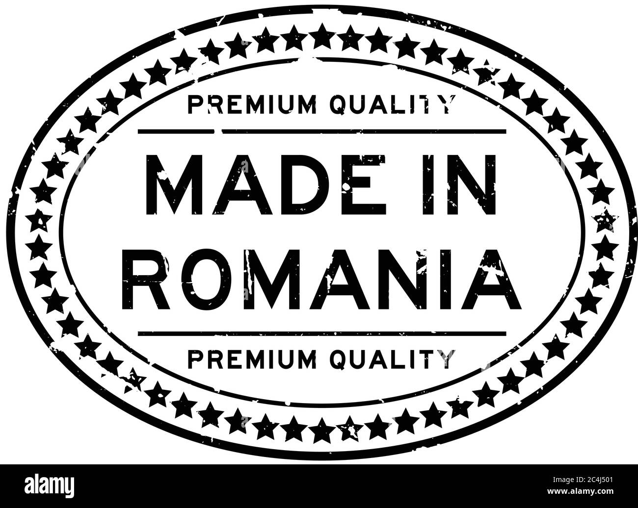 Grunge schwarz premiumq Qualität Made in Romania ovale Gummidichtung Business-Stempel auf weißem Hintergrund Stock Vektor
