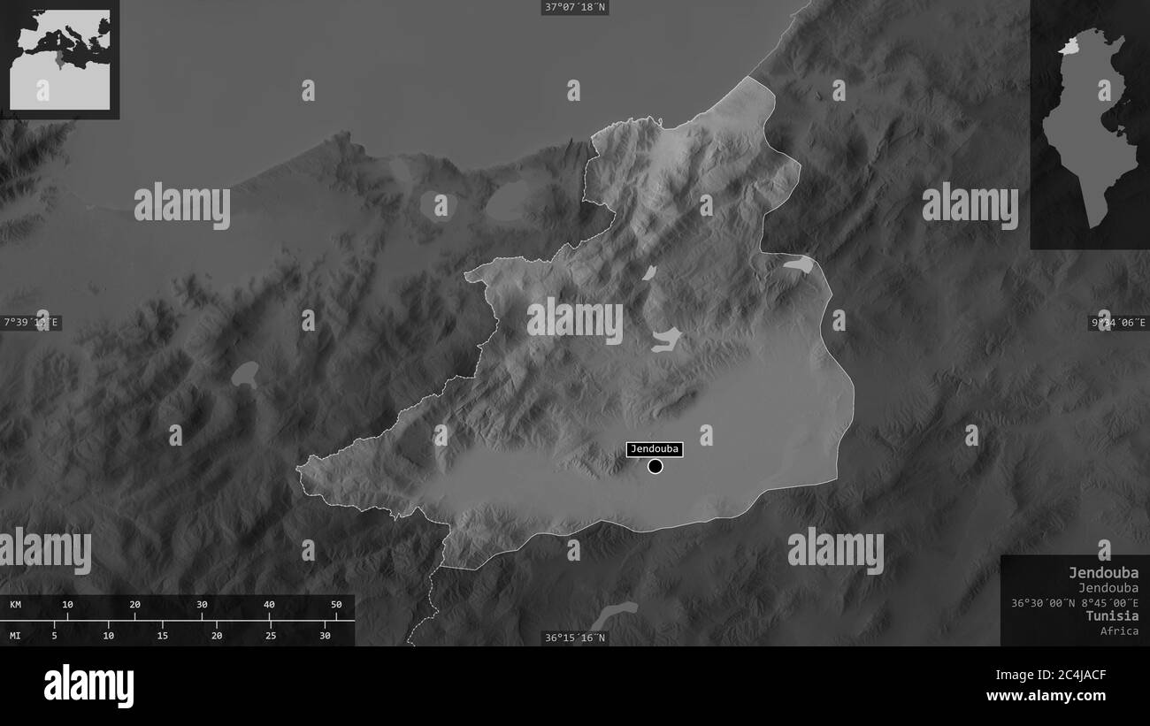 Jendouba, Gouvernement von Tunesien. Graustufen-Karte mit Seen und Flüssen. Form präsentiert gegen seine Landesfläche mit informativen Überlagerungen. 3D-Renderi Stockfoto