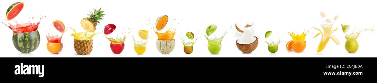 Sammlung von Spritzwasser geschnitten Obst isoliert auf weißem Hintergrund Stockfoto
