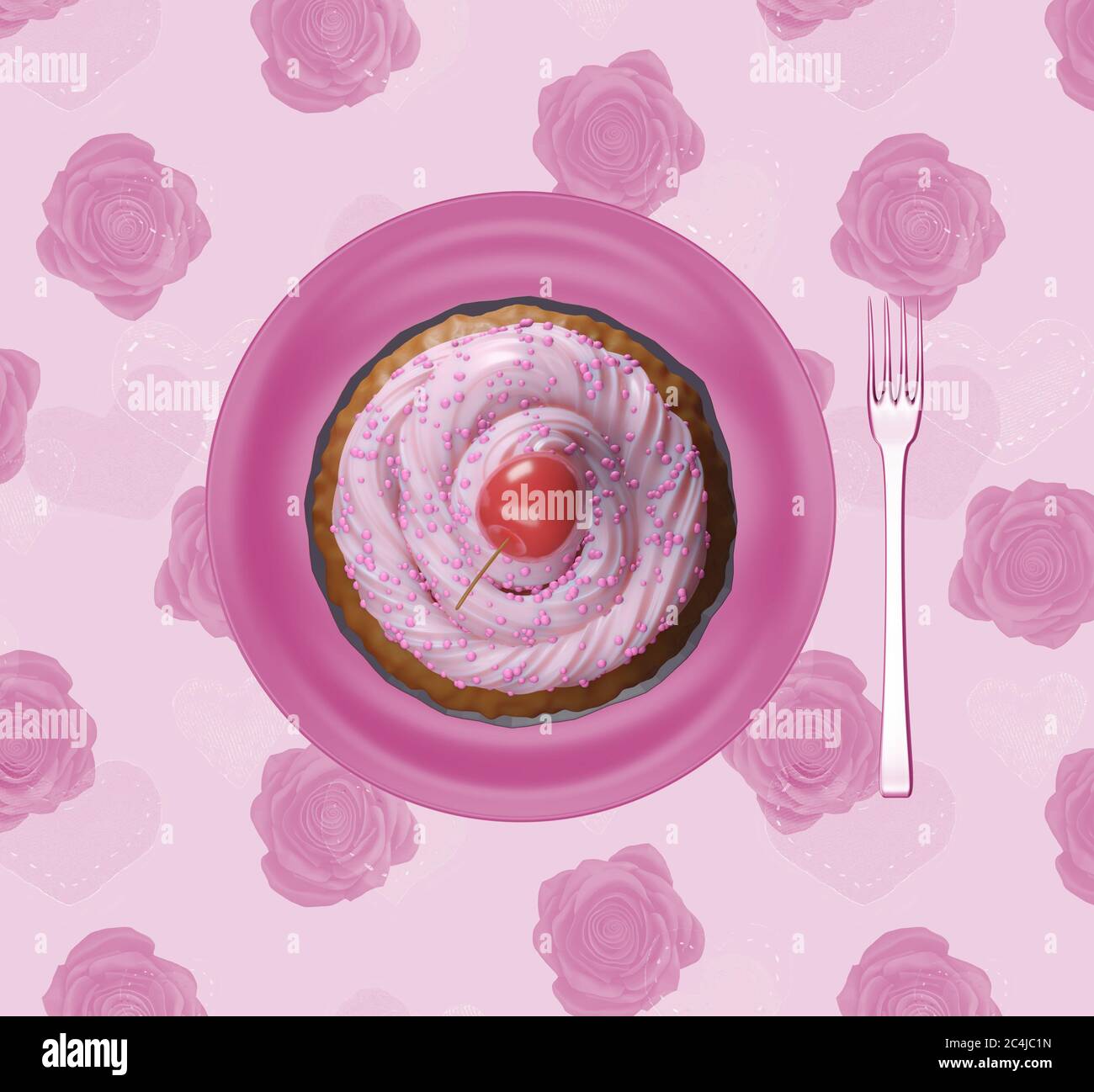 Lecker leckeren Cupcake mit der rosa Sahnehäubchen auf und Kirsche, bereit für Kinder Party Essen, Henne-Party-Feier. Cupcake auf einem Teller, Draufsicht. 3d-Rend Stockfoto