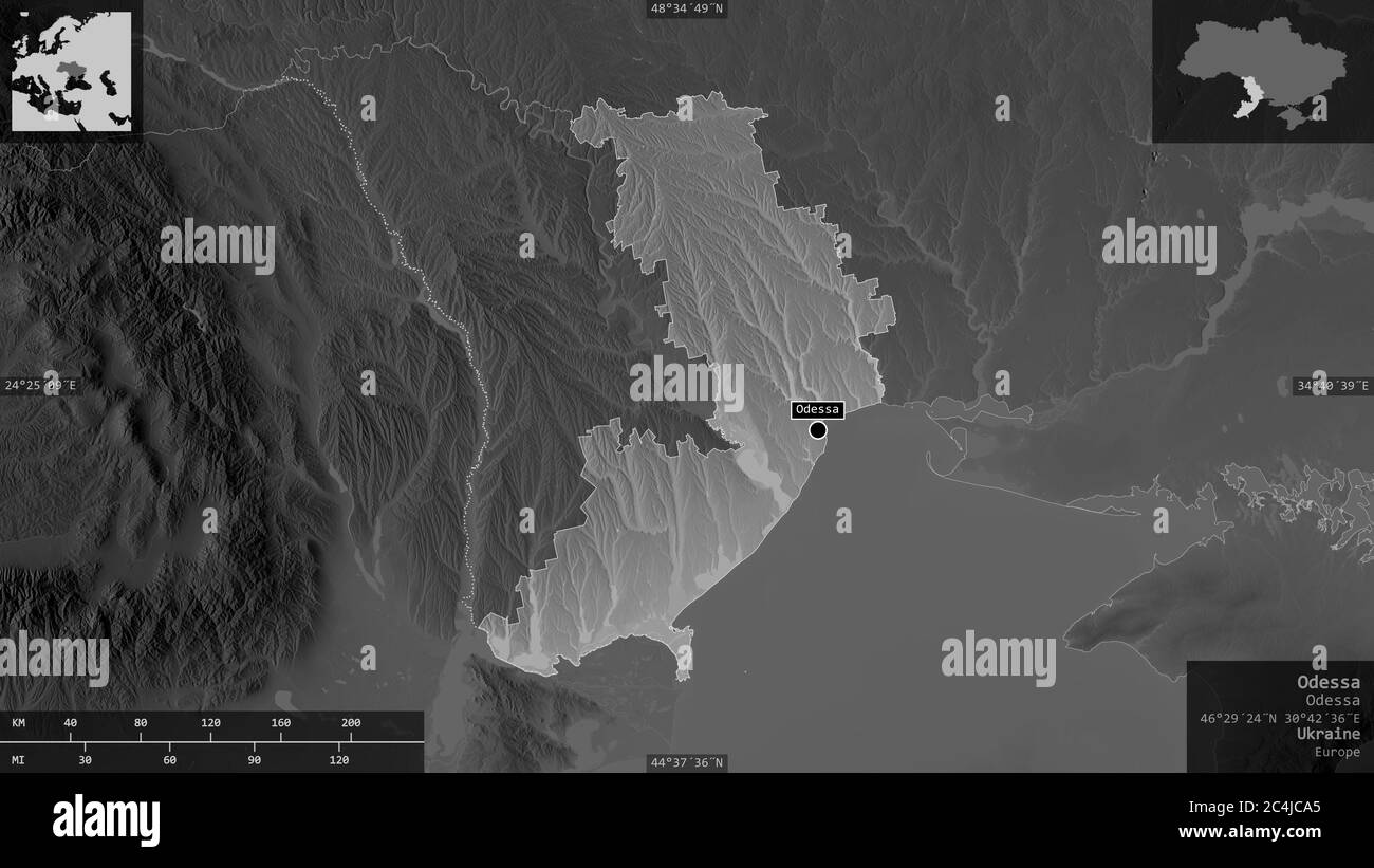 Odessa, Region der Ukraine. Graustufen-Karte mit Seen und Flüssen. Form präsentiert gegen seine Landesfläche mit informativen Überlagerungen. 3D-Rendering Stockfoto