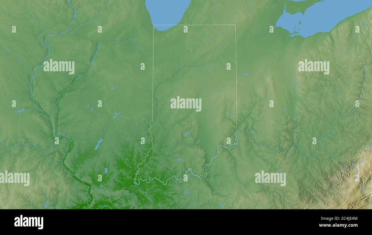 Indiana, Bundesstaat der Vereinigten Staaten. Farbige Shader-Daten mit Seen und Flüssen. Form, die gegenüber dem Landesgebiet umrissen ist. 3D-Rendering Stockfoto