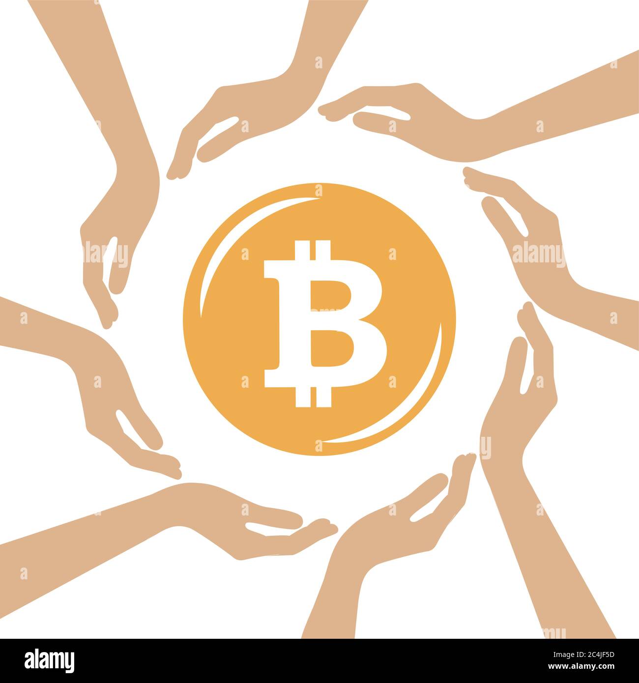 bitcoin Krypto Währungssymbol in der Mitte der menschlichen Hände Vektor-Illustration EPS10 Stock Vektor