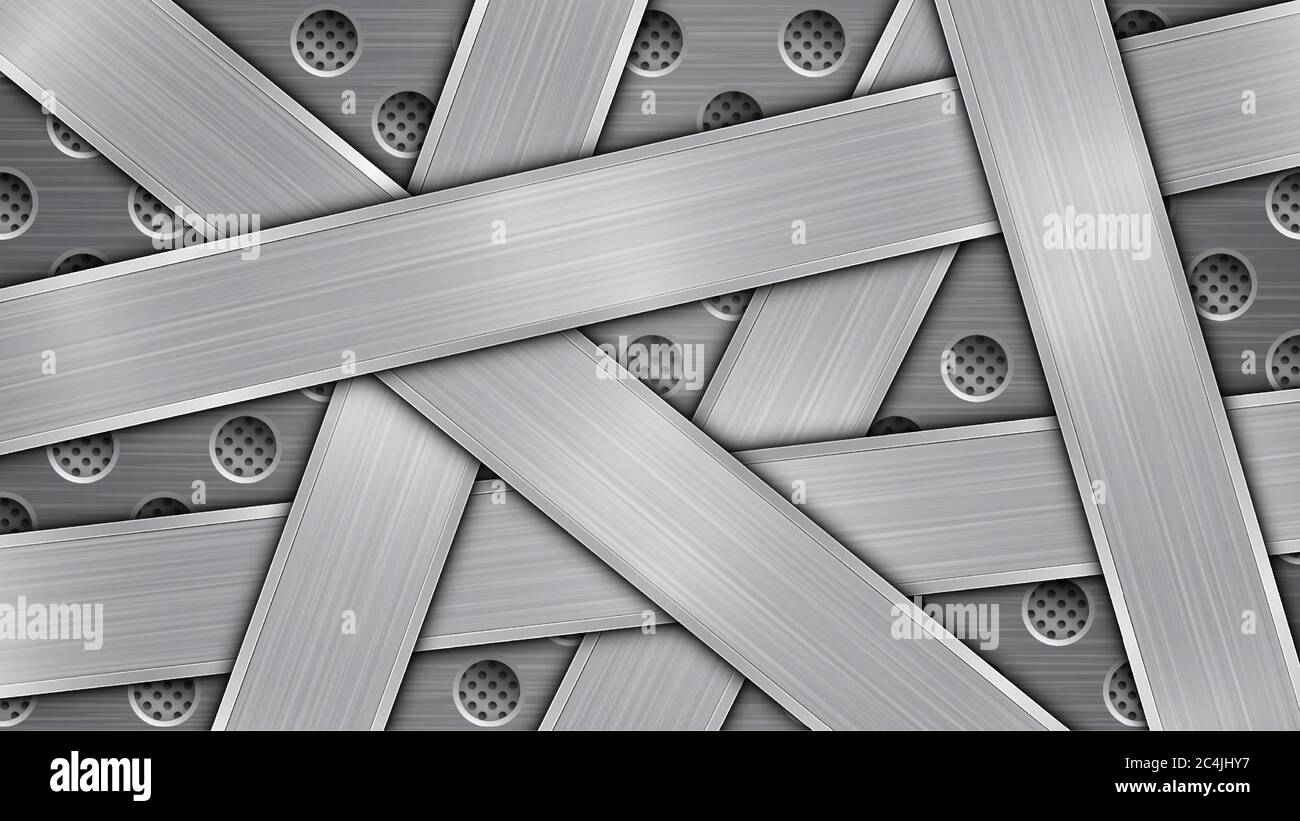 Hintergrund in Silber und Grau, bestehend aus einer perforierten metallischen Oberfläche mit Löchern und mehreren zufällig angeordneten Schnittplatten poliert Stock Vektor