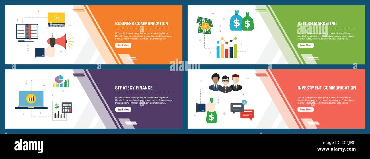 Banner mit Symbolen für Internet auf Websites oder App Vorlagen mit Business Communication, zurück Marketing, Strategie Finanzen und Investitionen communi Stock Vektor