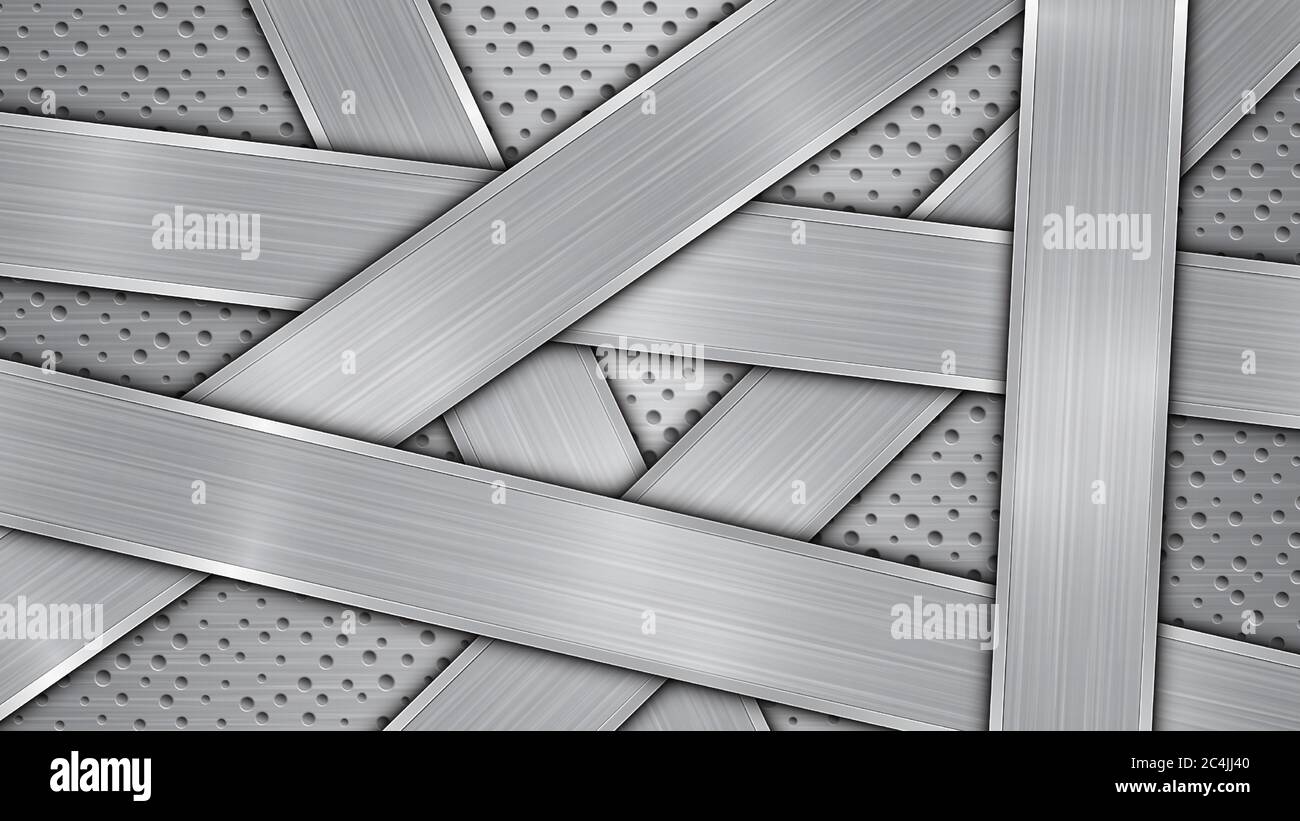 Hintergrund in Silber und Grau, bestehend aus einer perforierten metallischen Oberfläche mit Löchern und mehreren zufällig angeordneten Schnittplatten poliert Stock Vektor