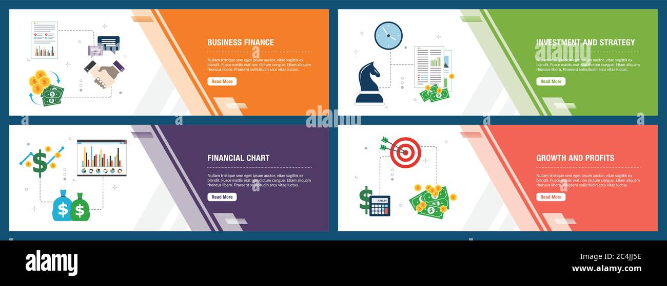 Wirtschaft Finanzen, Investitionen und Strategy, Financial chart, Wachstum und Gewinn. Internet Website Banner Konzept mit Icon Set. Flache design vector Illu Stock Vektor