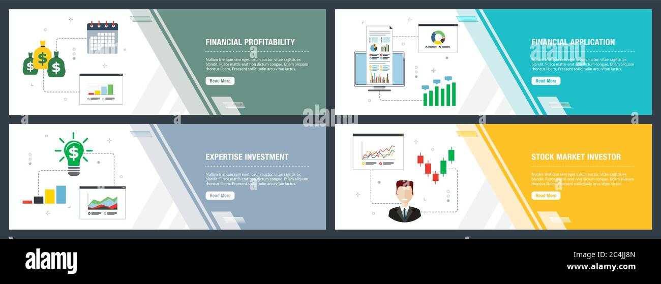 Web Banner Konzept in der Vektor mit der finanziellen Rentabilität, finanziellen Anwendung, Expertise Investment und Börse Investor. Internet Website ba Stock Vektor