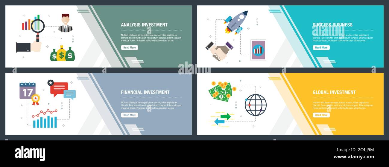 Analyse Investitionen, Erfolg, Wirtschaft, Investitionen, Global Investment. Internet Website Banner Konzept mit Icon Set. Flache design Vector krank Stock Vektor