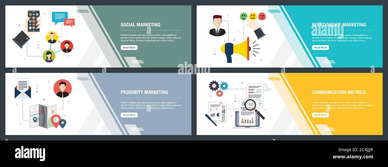 Web Banner Konzept in Vektor mit Social Marketing, Relationship Marketing, Proximity Marketing und Kommunikation Metriken. Internet Website Banner co Stock Vektor