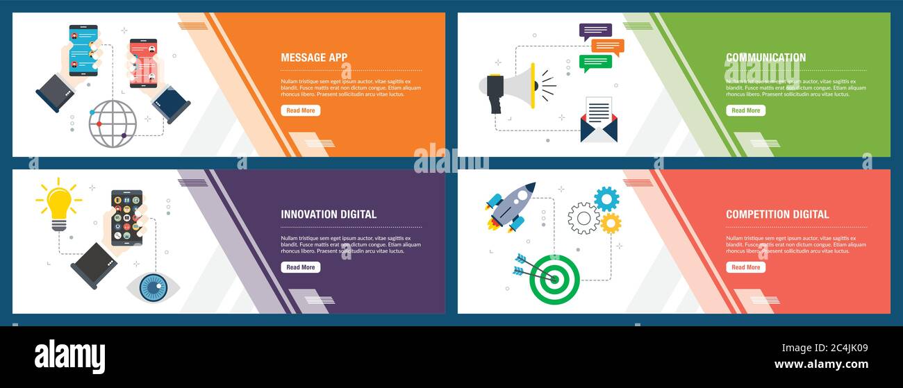 Vektor einrichten der vertikalen Web Banner mit Nachricht app, Kommunikation, Innovation, Wettbewerb digital. Vektor banner Vorlage für Website und Mo Stock Vektor