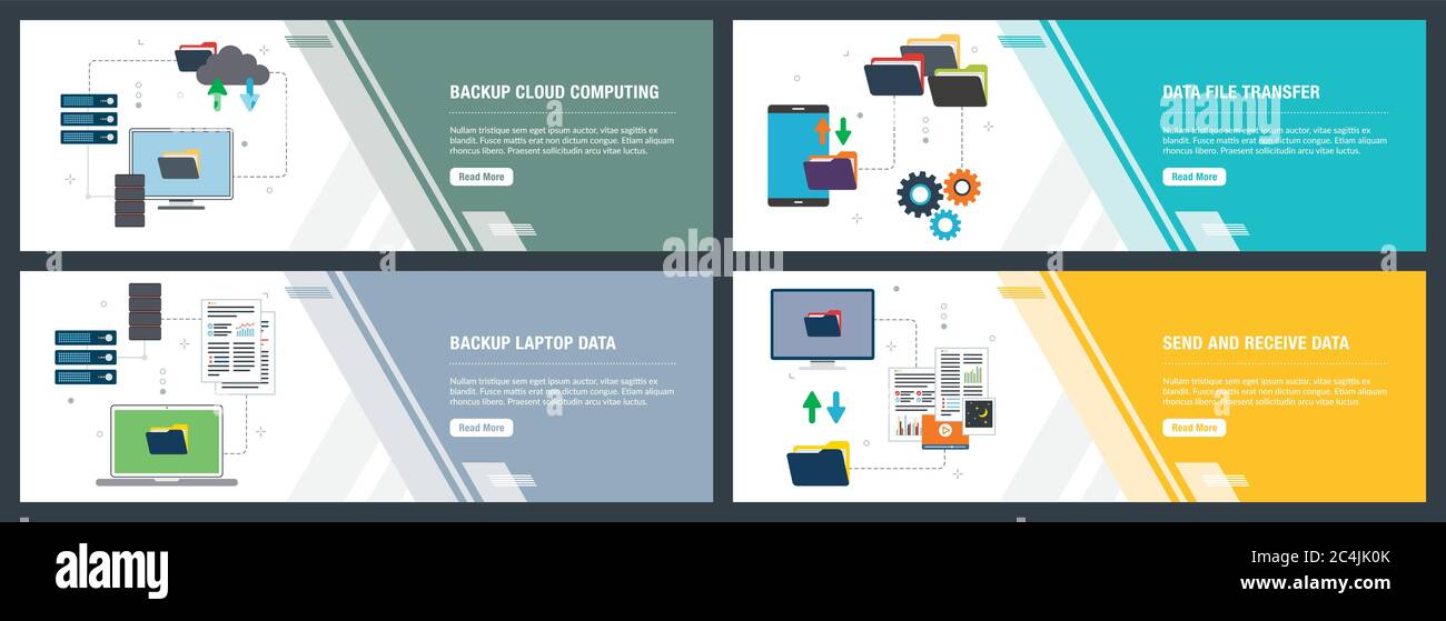 Vektor einrichten der vertikalen Web Banner mit Cloud Computing backup, backup Laptop Daten, Daten senden und empfangen. Vektor banner Vorlage für Website und mobil Stock Vektor
