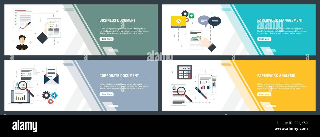 Vektor einrichten der vertikalen Web Banner mit Business Document, Schreibarbeit Management, Corporate Document, Schreibarbeit Analyse. Vektor banner Vorlage für Wir Stock Vektor