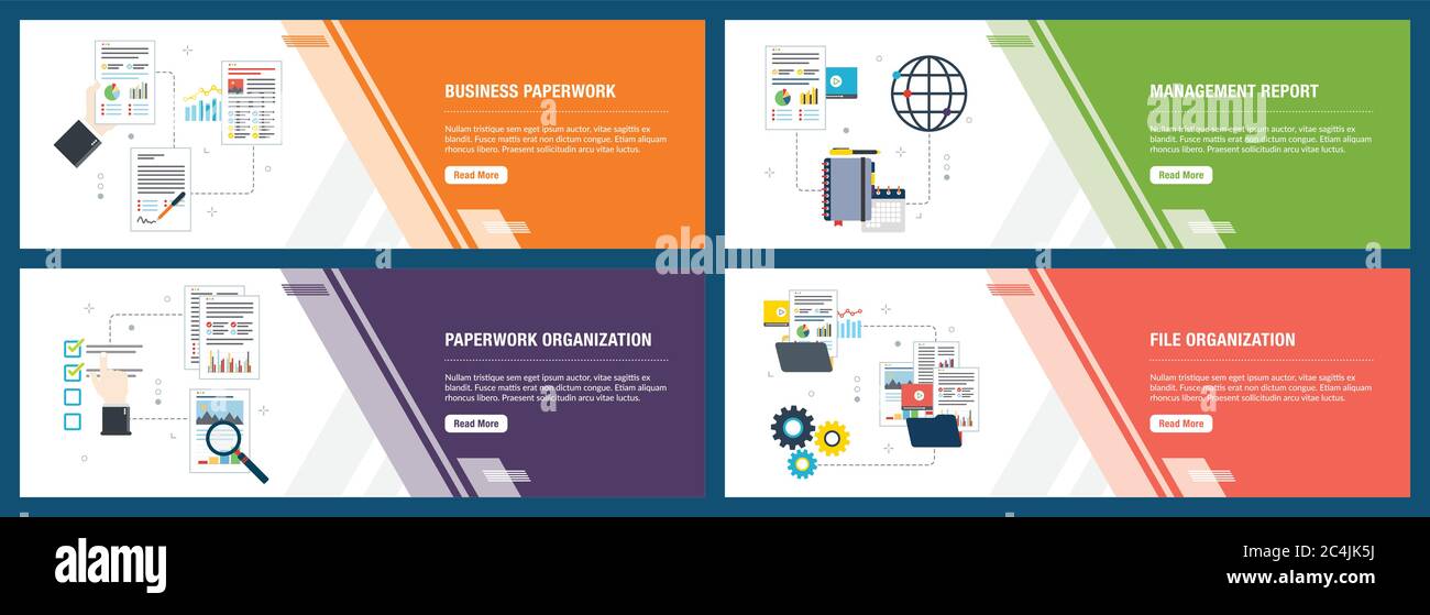 Der Vektor der vertikalen Web Banner mit Business Schreibarbeit, Lagebericht, Schreibarbeit Organisation, Datei Organisation. Vektor banner Vorlage für w Stock Vektor