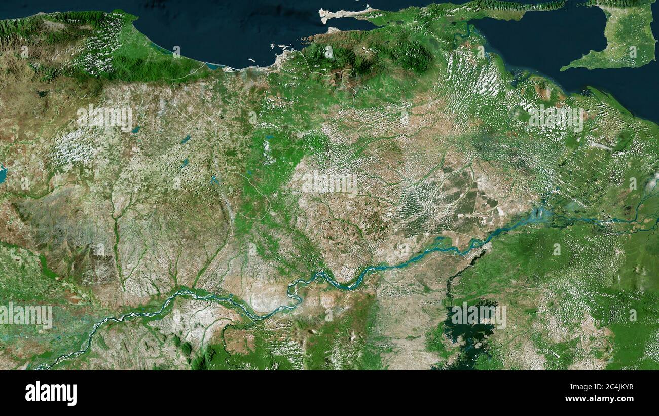 Anzoátegui, Staat Venezuela. Satellitenbilder. Form, die gegenüber dem Landesgebiet umrissen ist. 3D-Rendering Stockfoto