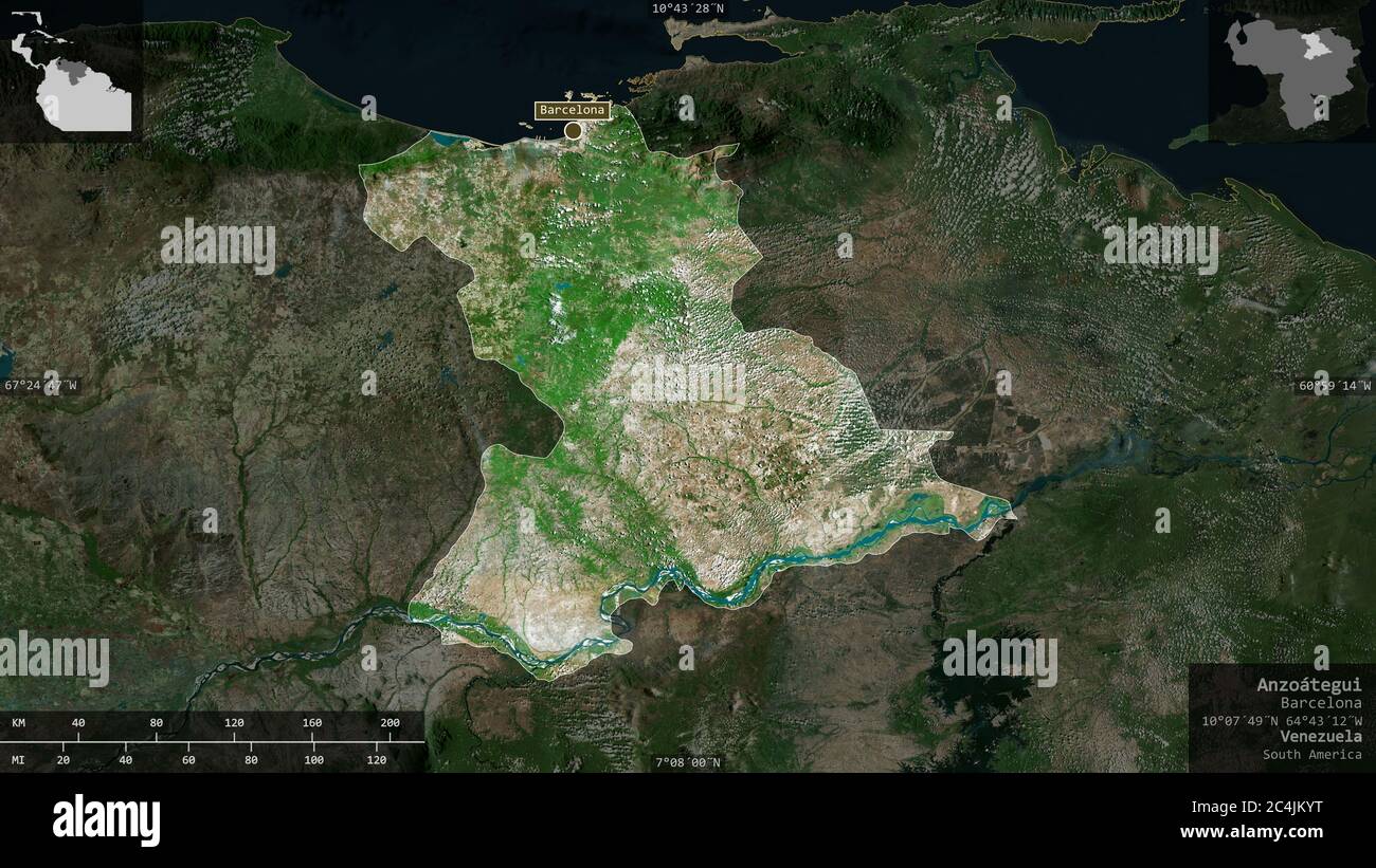 Anzoátegui, Staat Venezuela. Satellitenbilder. Form präsentiert gegen seine Landesfläche mit informativen Überlagerungen. 3D-Rendering Stockfoto