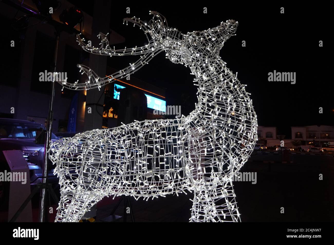 Leuchtende Rentiere aus Draht und Glühbirnen. Weihnachtsdekorationen. Weihnachtsbeleuchtung an Drahtgittern in Rentierform. Hirsch Weihnachten im Freien Stockfoto